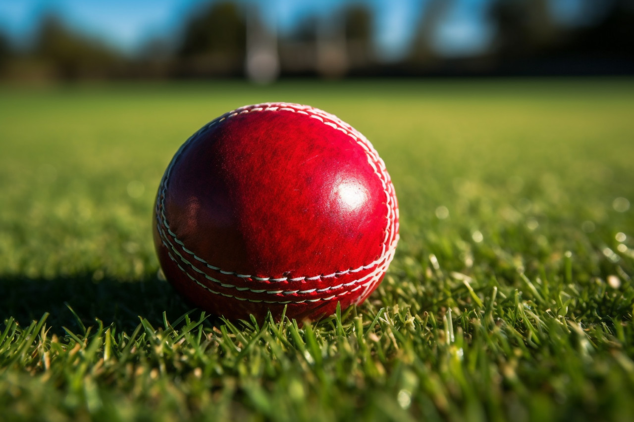 A close up photo of a red cricket ball sitting on a green grass field, cricket image