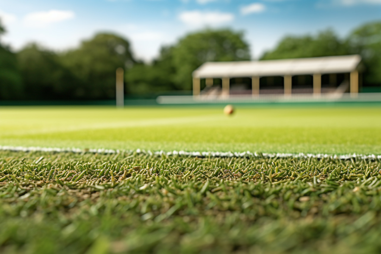A cricket field with green grass and white boundary lines, cricket image