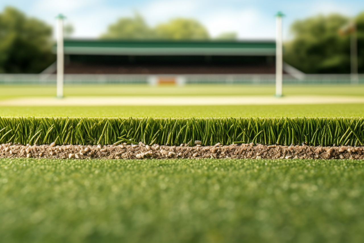 A cricket field with green grass and white boundary lines, cricket image
