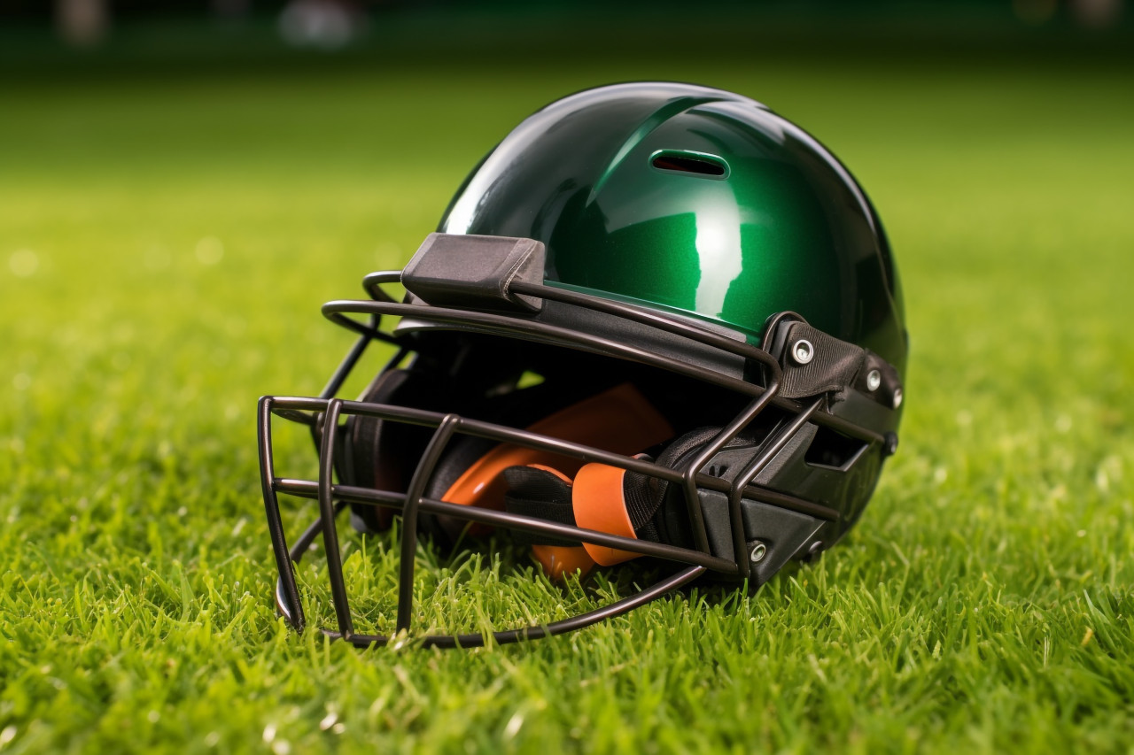 A cricket helmet seen from below, sitting on a green grass playground under bright lights, cricket image