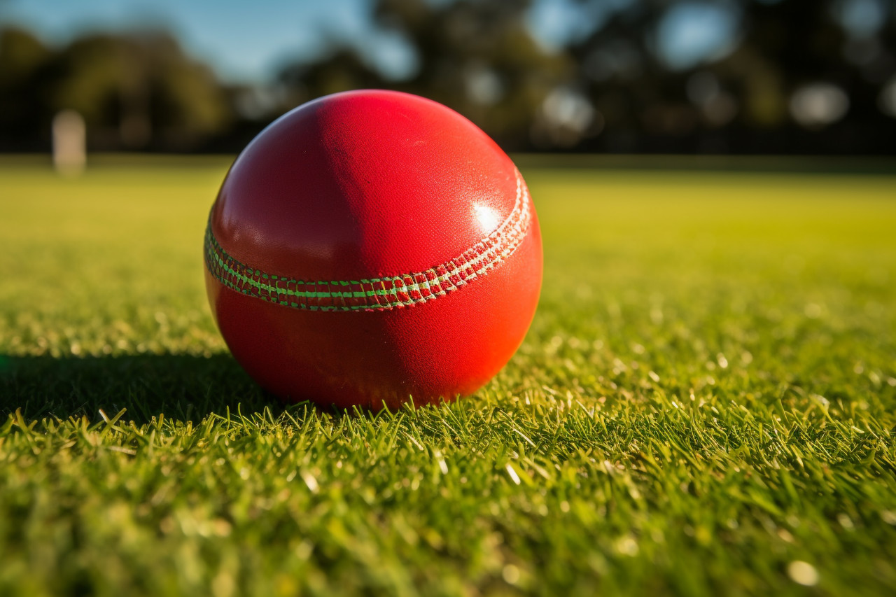 A close up photo of a red cricket ball sitting on a green grass field, cricket image