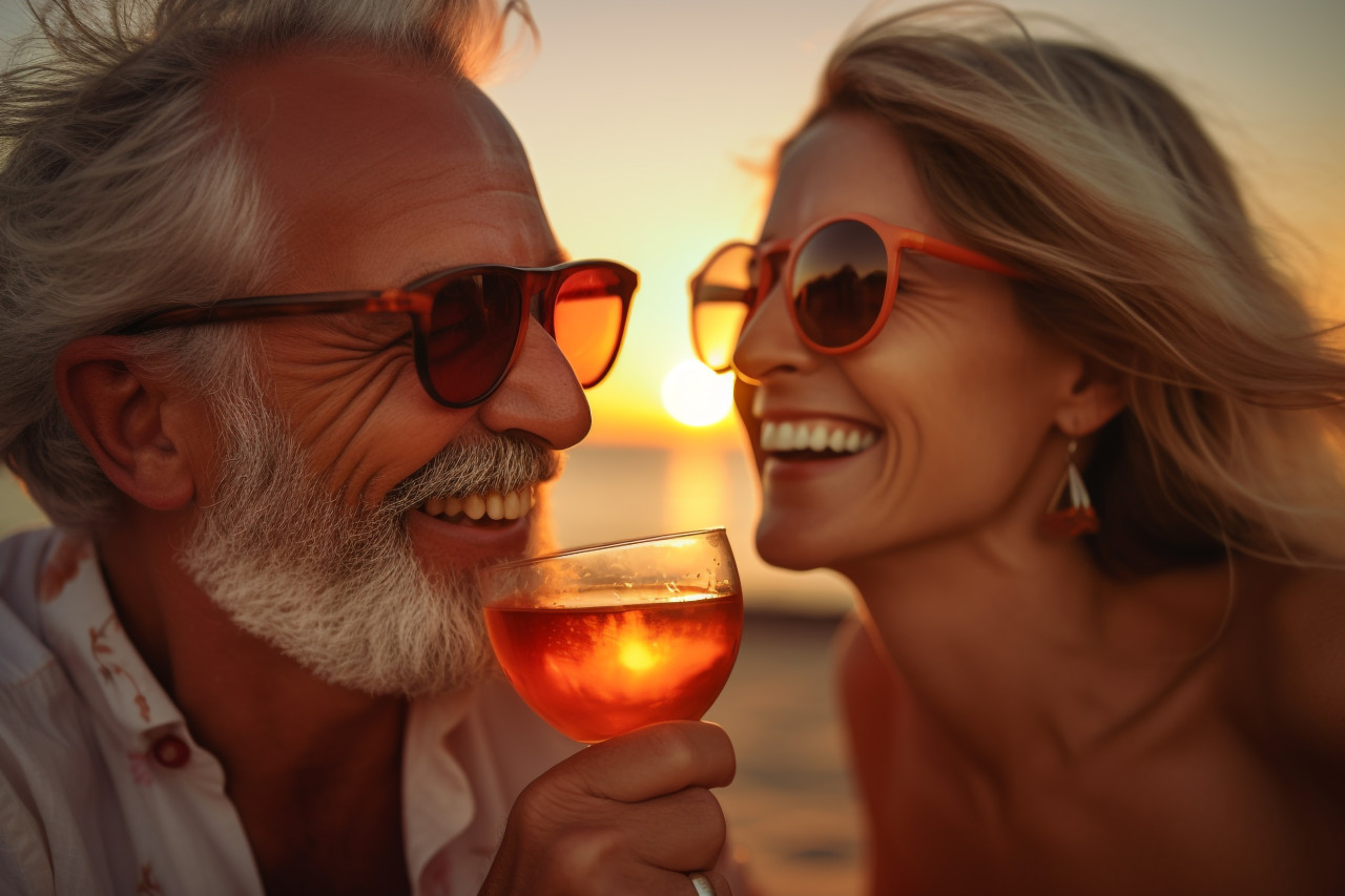 Picture of a happy couple in love having drinks on the beach at sunset, festivals and occasions anniversary image