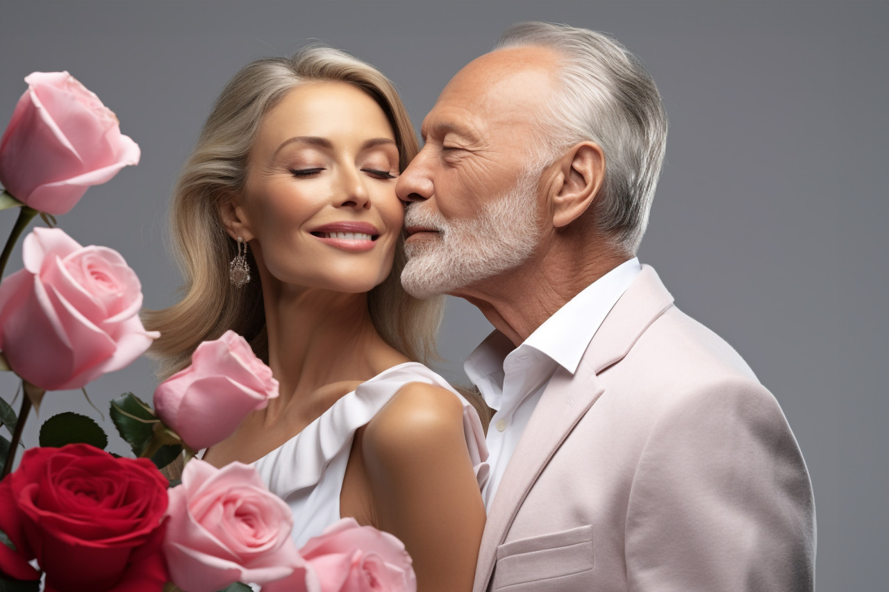 A beautiful couple kisses behind roses on a gray background, festivals and occasions anniversary image