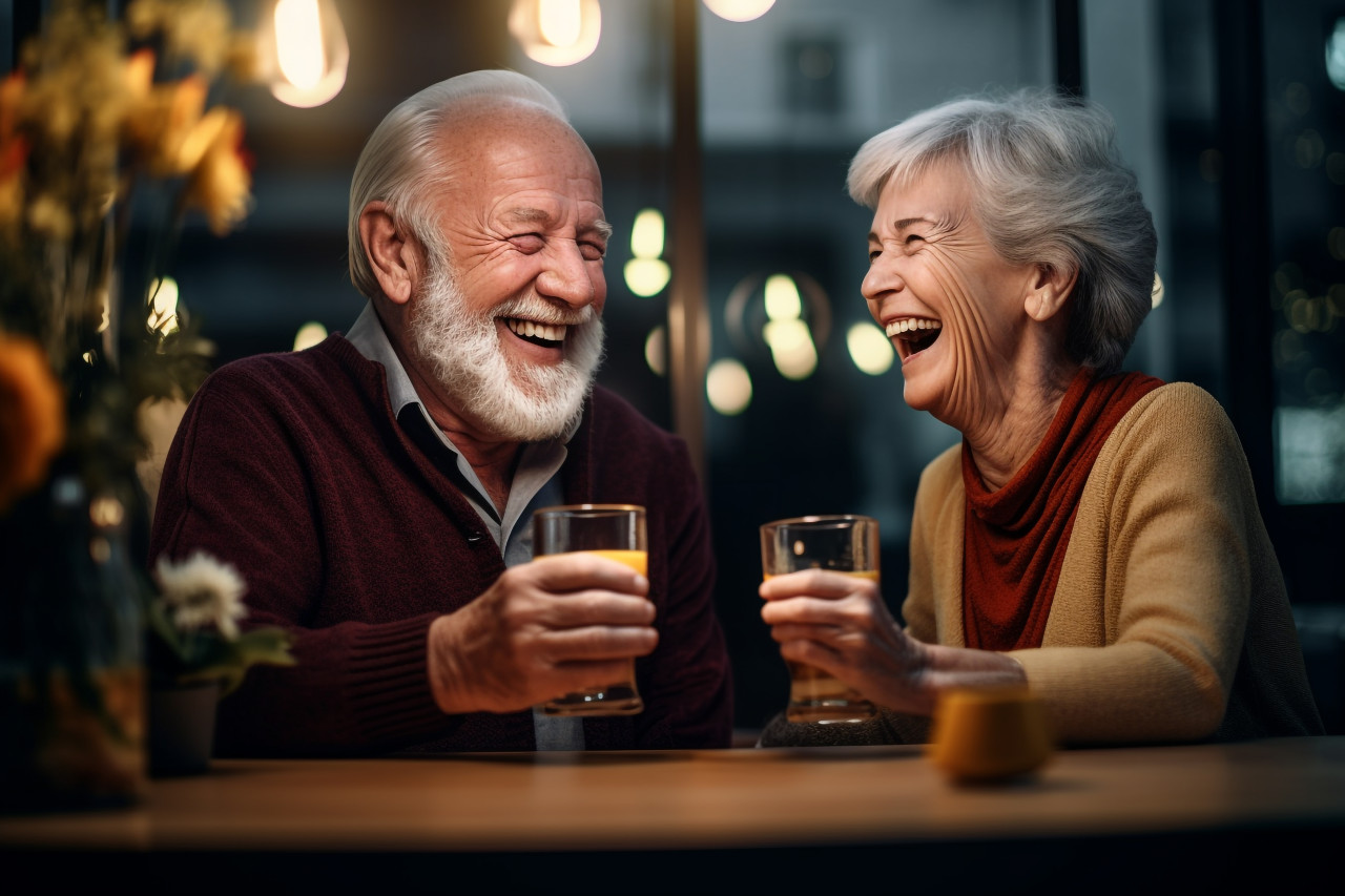 A photo of a happy old couple holding hands and laughing in a restaurant, festivals and occasions anniversary image