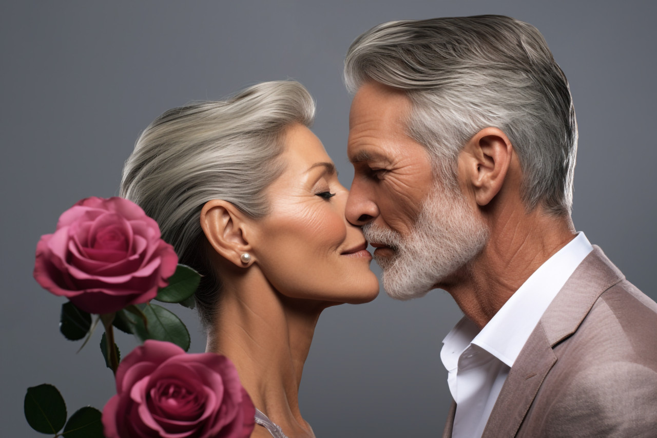 A beautiful couple kisses behind roses on a gray background, festivals and occasions anniversary image