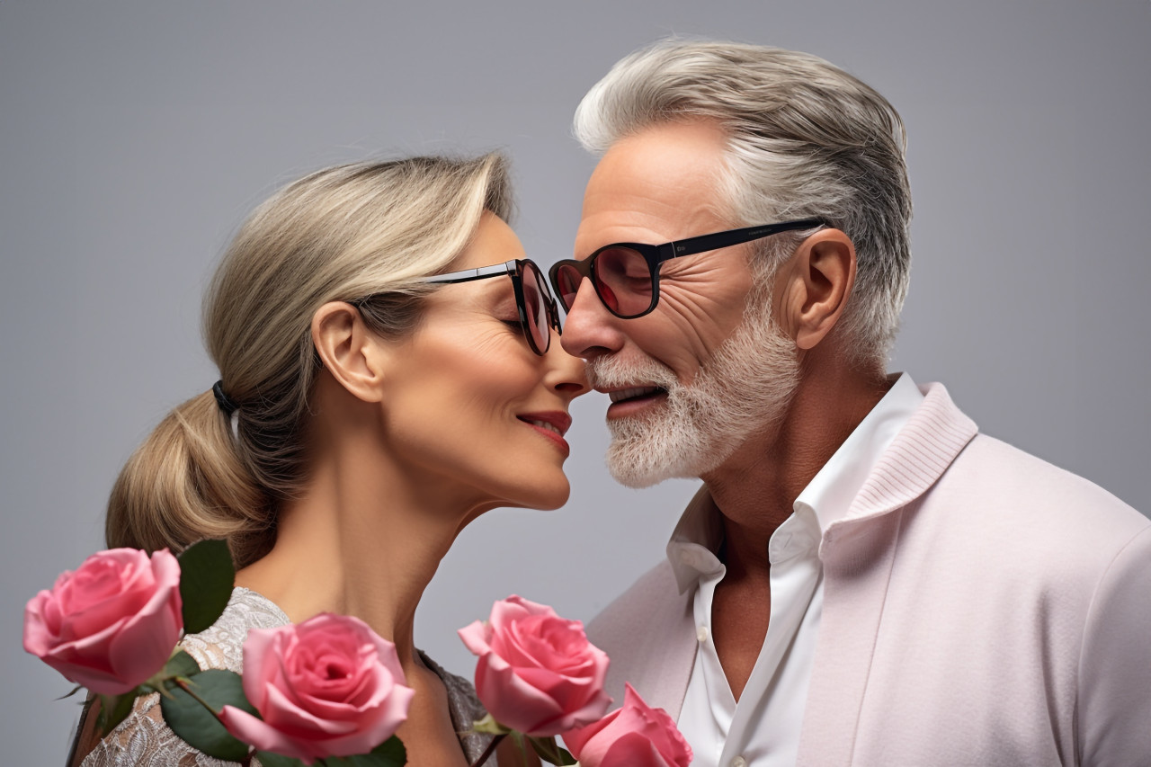 A beautiful couple kisses behind roses on a gray background, festivals and occasions anniversary image