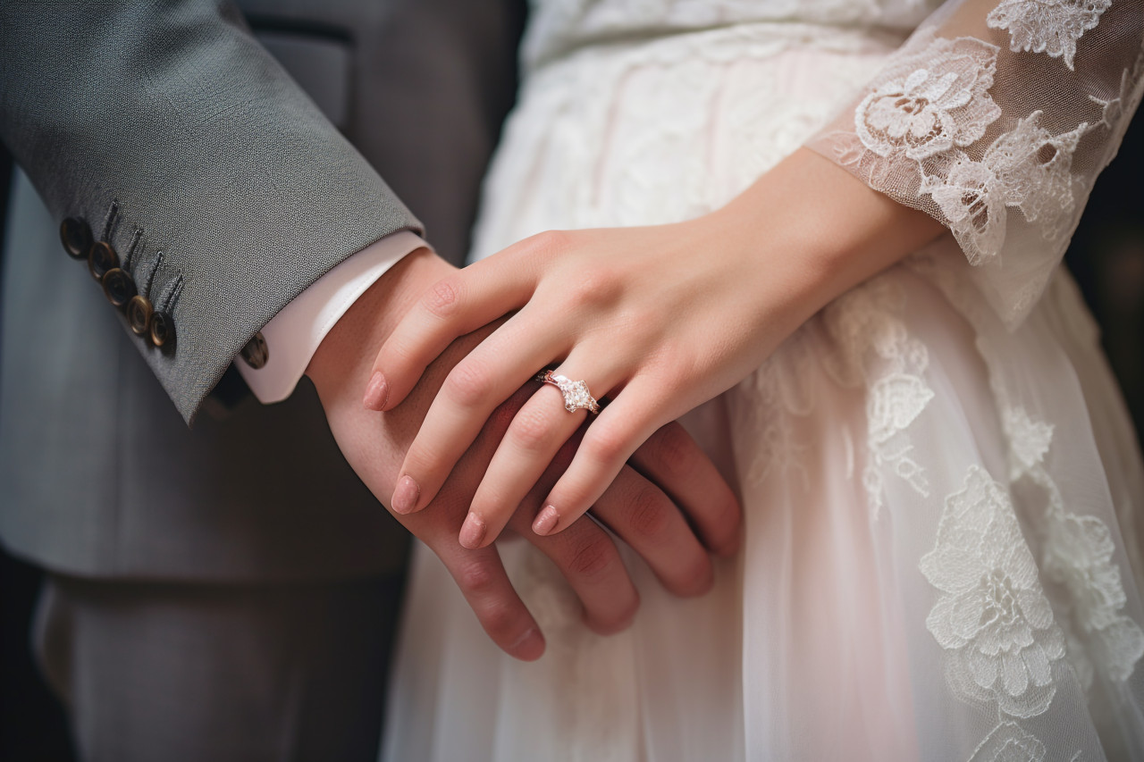 A picture of a young couple holding hands on their wedding day, festivals and occasions anniversary image