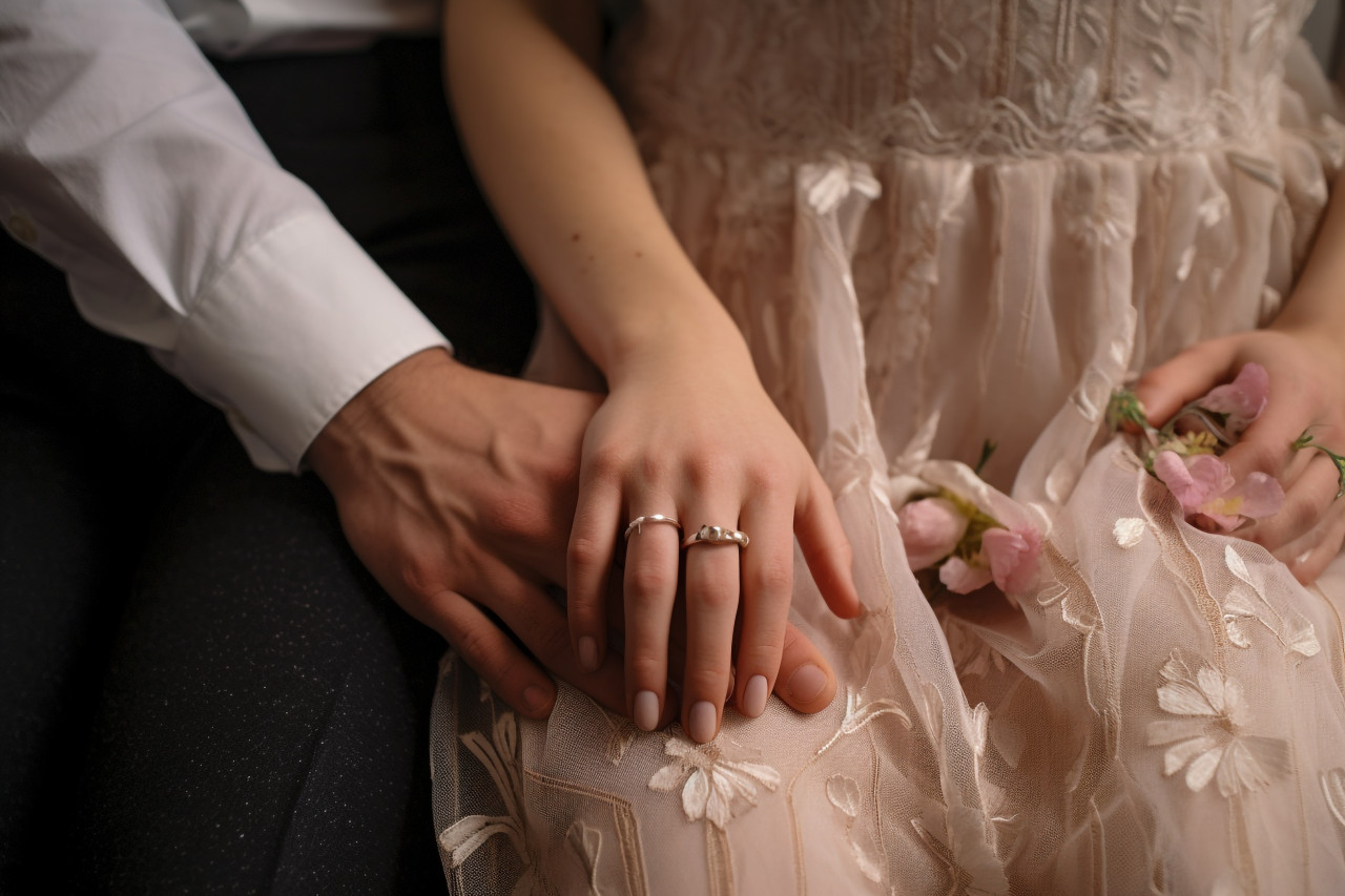 A picture of a young couple holding hands on their wedding day, festivals and occasions anniversary image