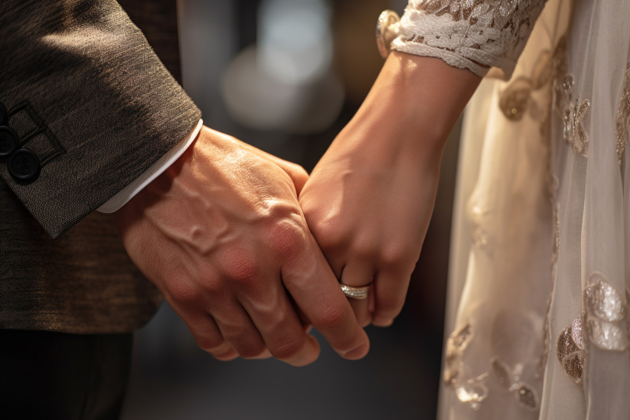 A picture of a bride and groom holding hands, festivals and occasions anniversary image