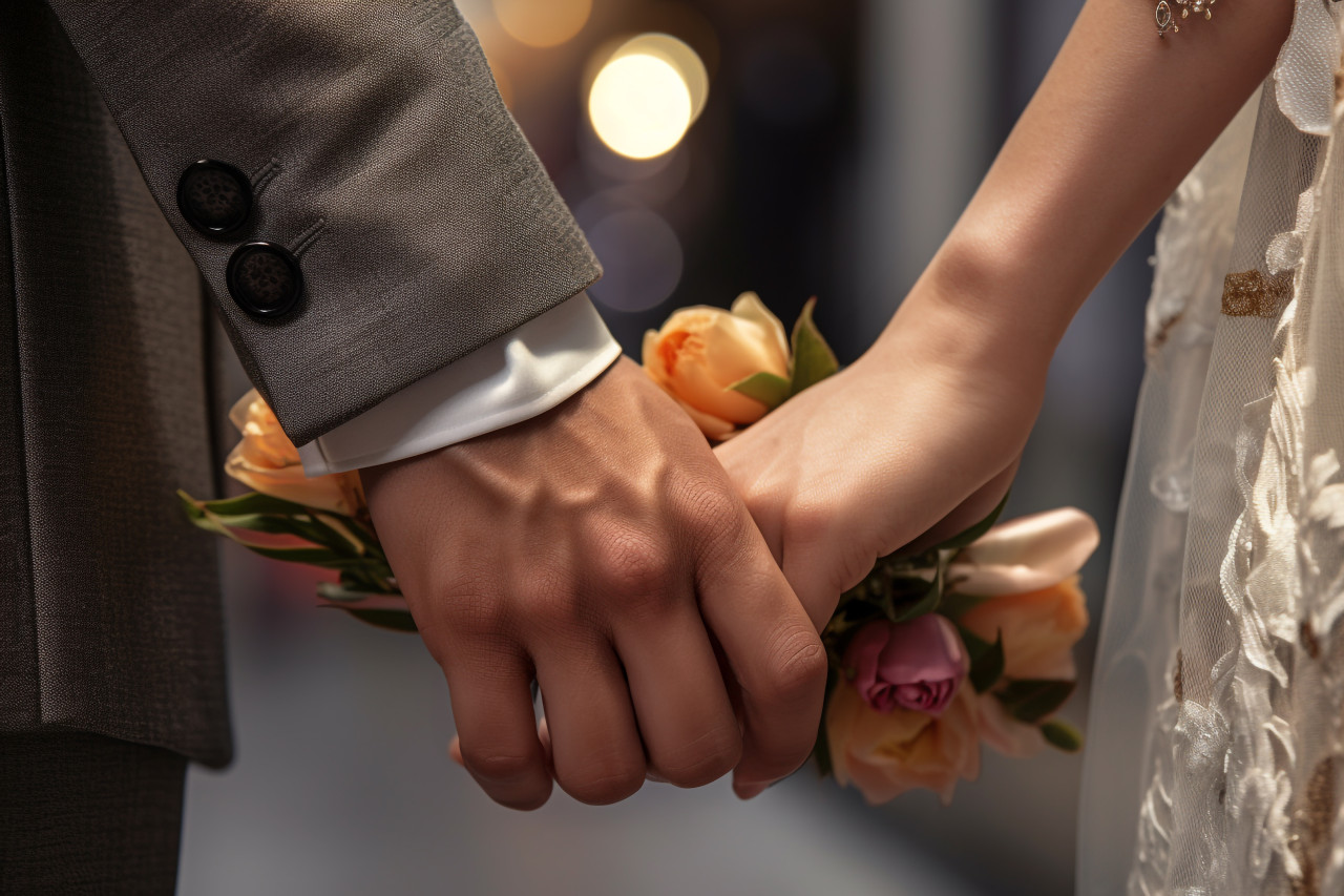 A picture of a bride and groom holding hands, festivals and occasions anniversary image