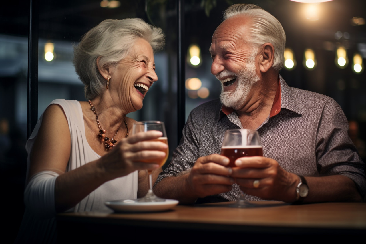 A photo of a happy old couple holding hands and laughing in a restaurant, festivals and occasions anniversary image