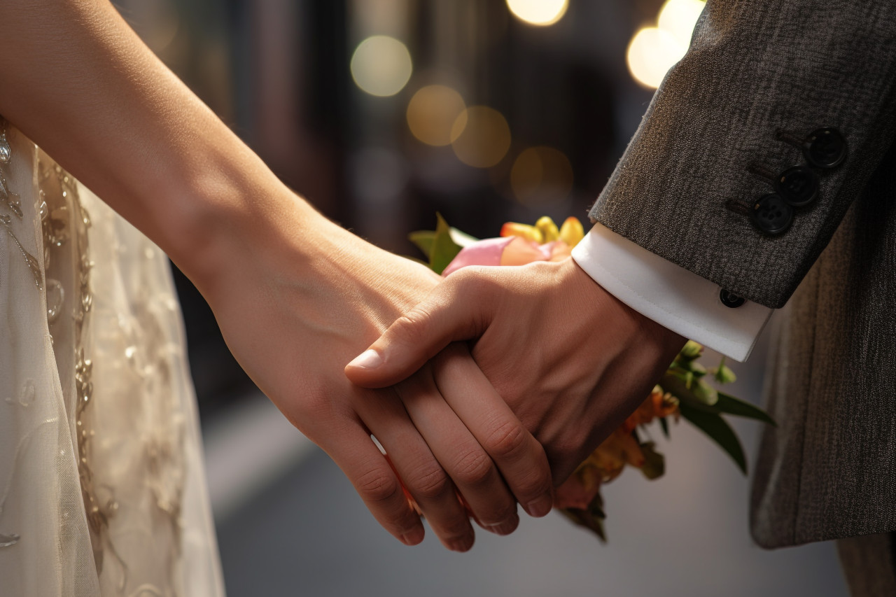 A picture of a bride and groom holding hands, festivals and occasions anniversary image