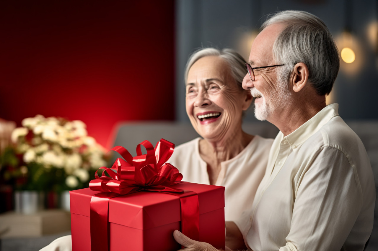 Picture of a happy old woman with a gift box sitting next to a man in a hotel room, festivals and occasions anniversary image