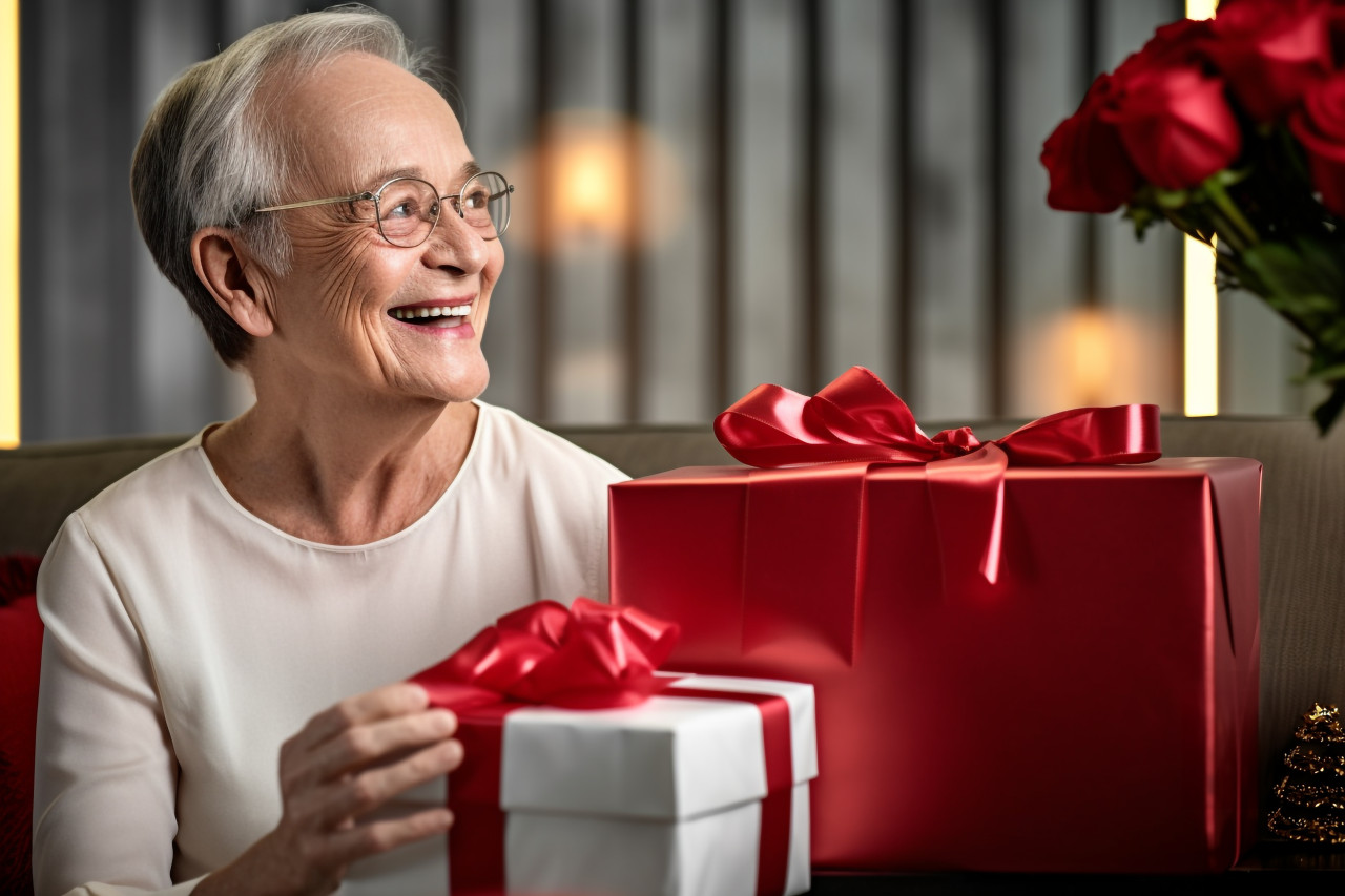 Picture of a happy old woman with a gift box sitting next to a man in a hotel room, festivals and occasions anniversary image