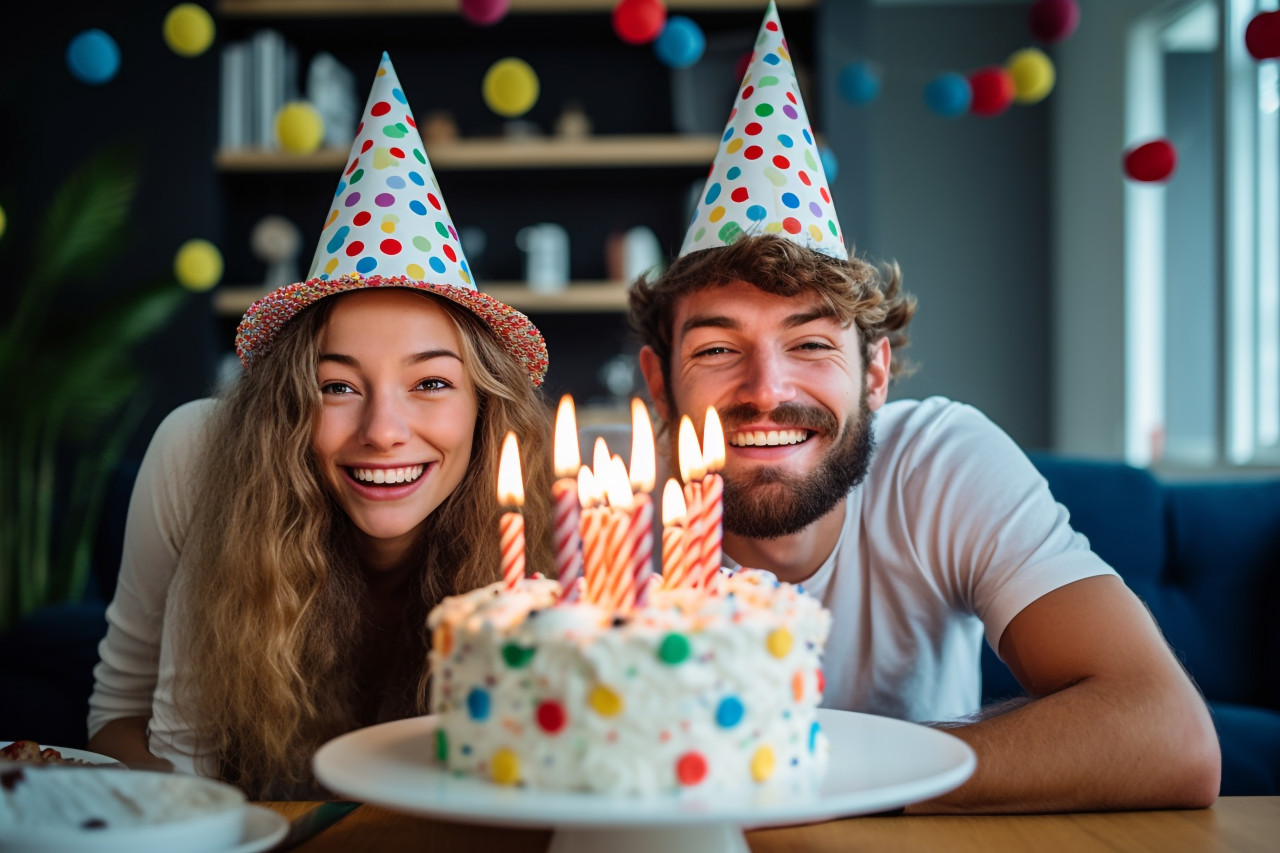 A full length photo of a happy young couple wearing party hats and celebrating their birthday at home with a festive cake, festivals and occasions anniversary image