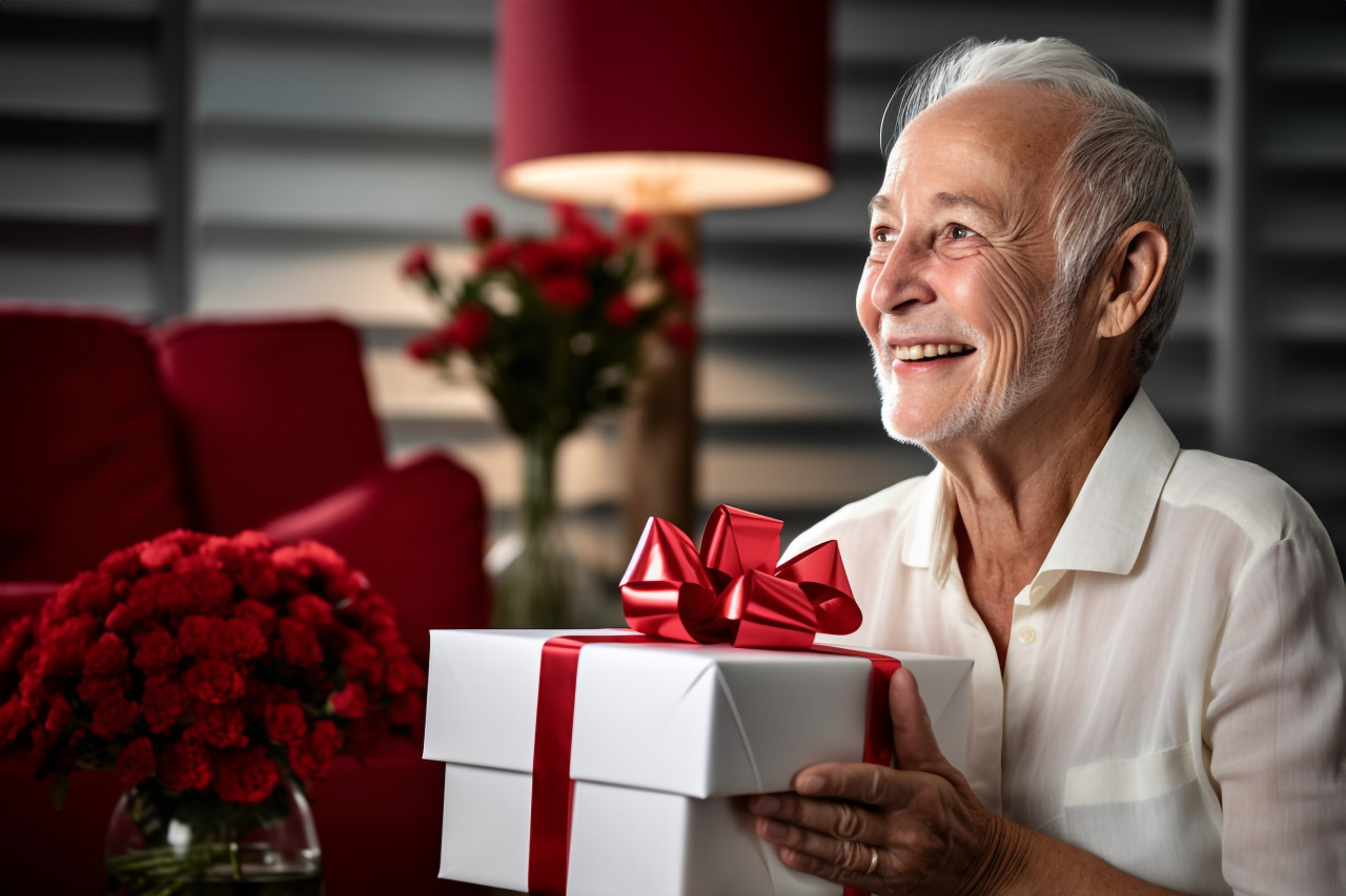 Picture of a happy old woman with a gift box sitting next to a man in a hotel room, festivals and occasions anniversary image