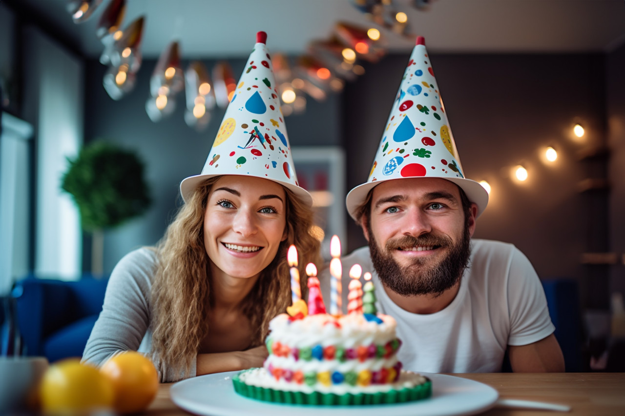 A full length photo of a happy young couple wearing party hats and celebrating their birthday at home with a festive cake, festivals and occasions anniversary image