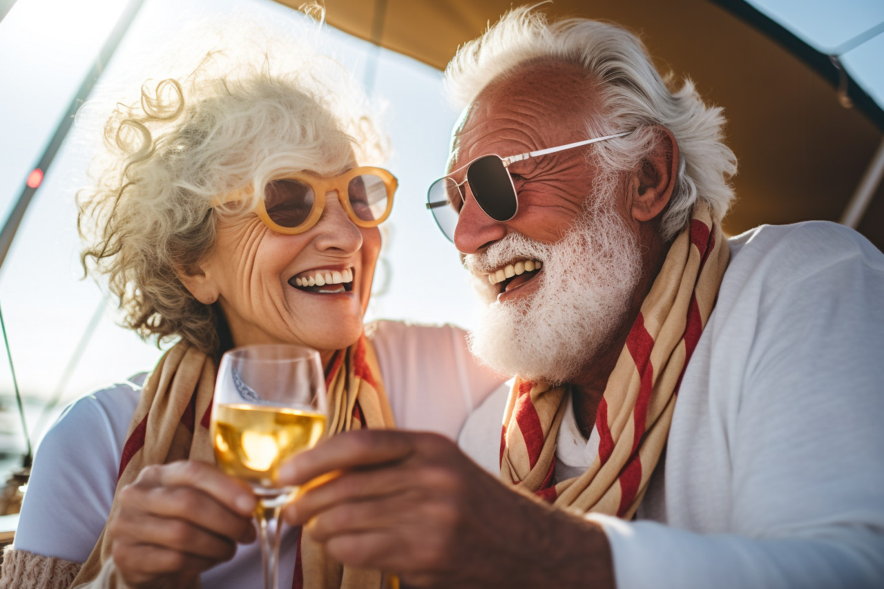 Picture of an older couple raising glasses on a sailing holiday. happy old people enjoying their wedding anniversary on a boat trip, festivals and occasions anniversary image
