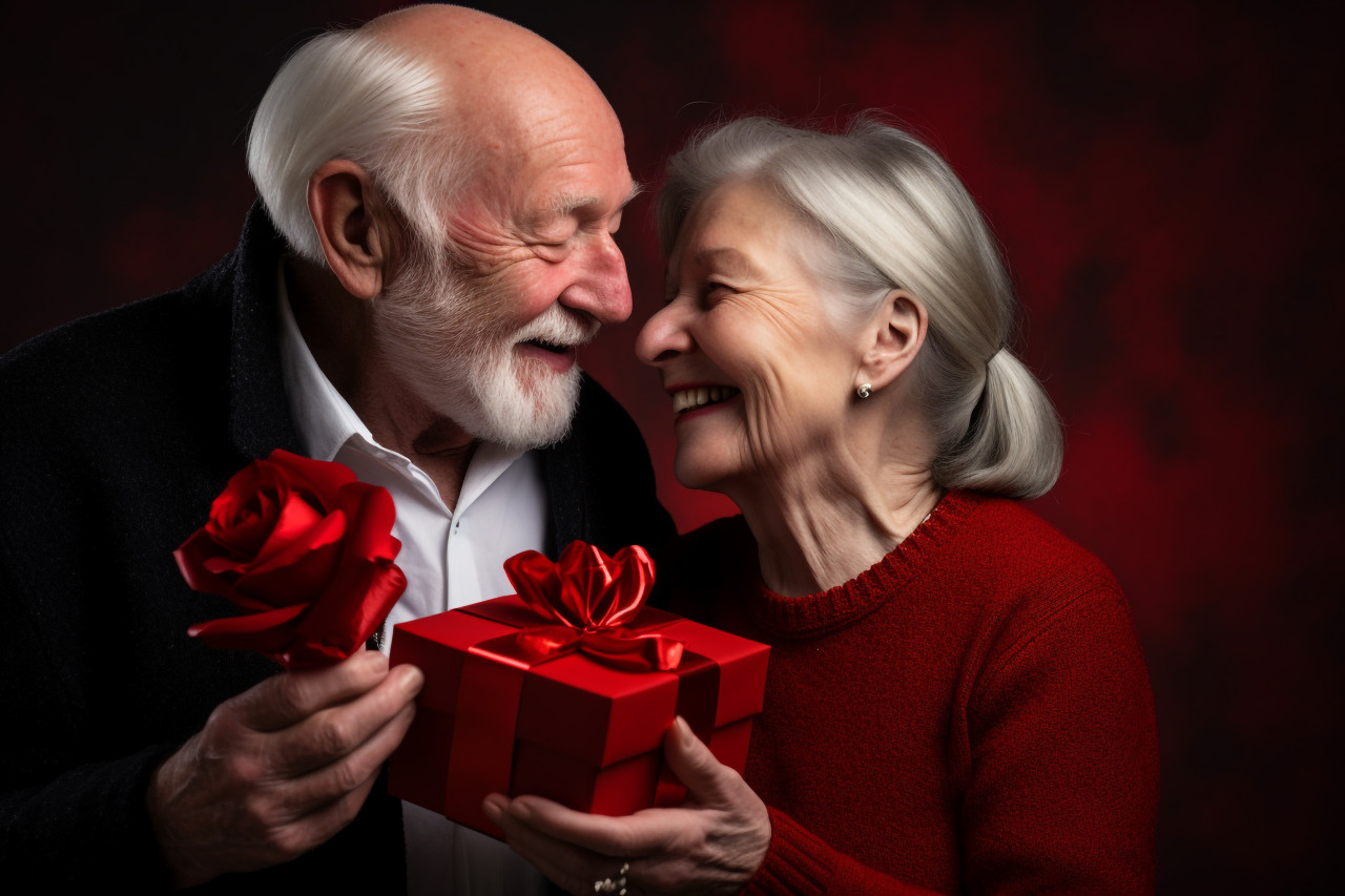 A photo of an old couple celebrating their anniversary with a gift. they are smiling happily and excitedly, festivals and occasions anniversary image