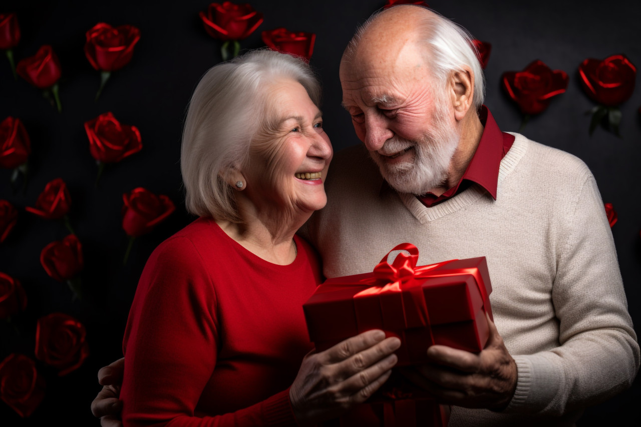 A photo of an old couple celebrating their anniversary with a gift. they are smiling happily and excitedly, festivals and occasions anniversary image