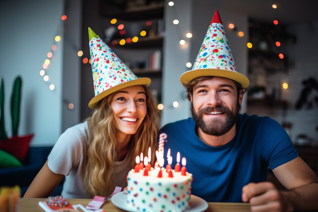 A full length photo of a happy young couple wearing party hats and celebrating their birthday at home with a festive cake, festivals and occasions anniversary image