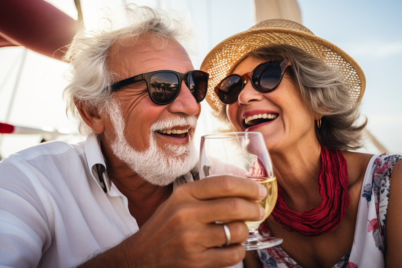 Picture of an older couple raising glasses on a sailing holiday. happy old people enjoying their wedding anniversary on a boat trip, festivals and occasions anniversary image
