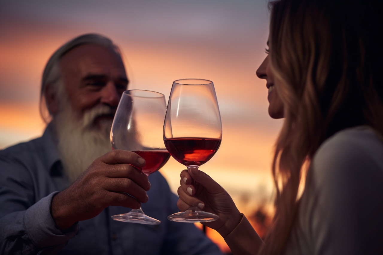 A picture of a couple clinking their glasses with drinks at sunset, with a colorful sky in the background, festivals and occasions anniversary image