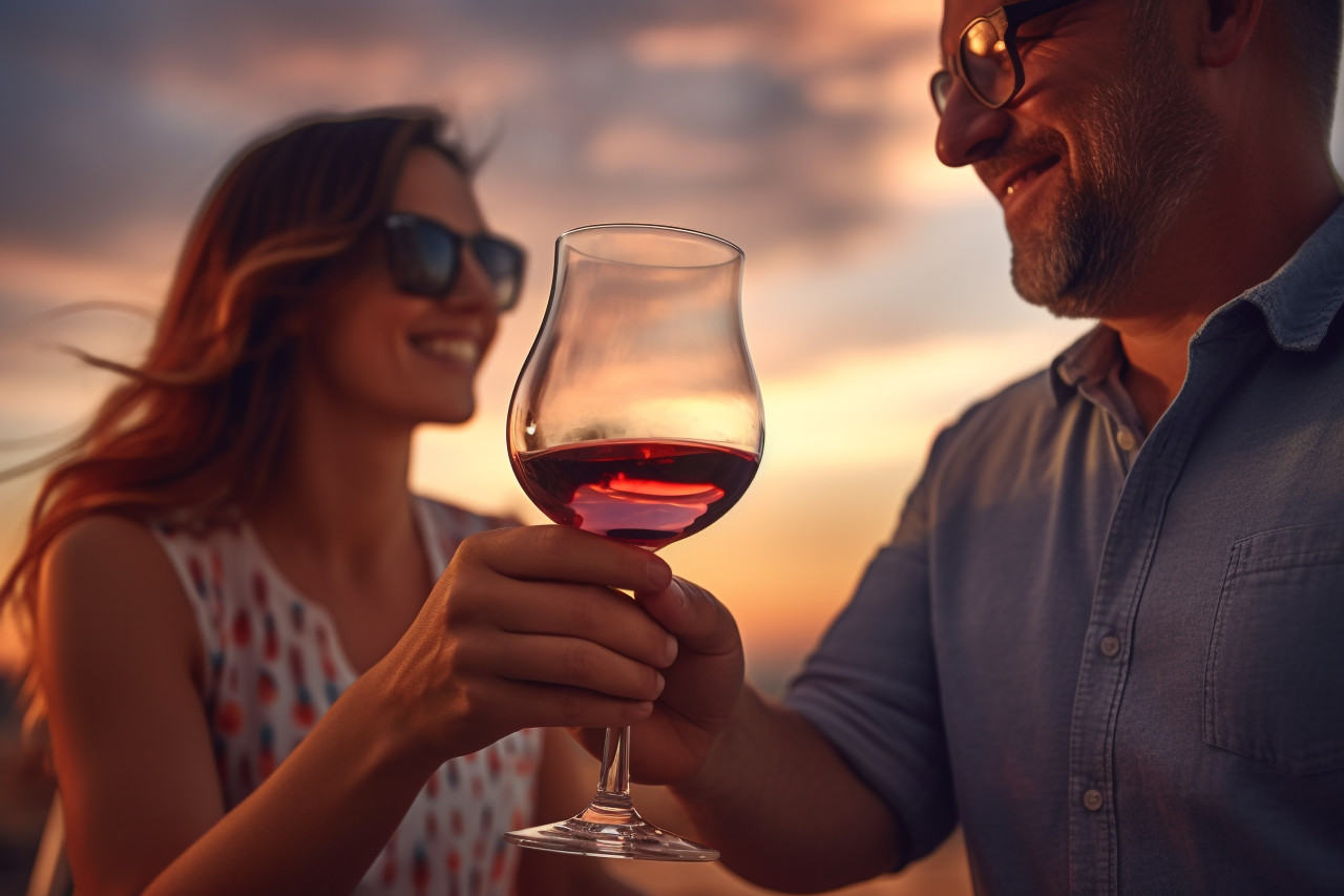 A picture of a couple clinking their glasses with drinks at sunset, with a colorful sky in the background, festivals and occasions anniversary image
