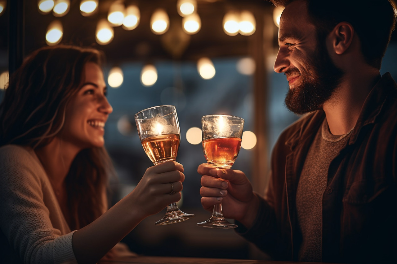 A picture of a man and woman clinking glasses outside under a light bulb, festivals and occasions anniversary image