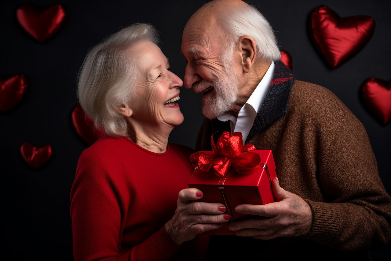 A photo of an old couple celebrating their anniversary with a gift. they are smiling happily and excitedly, festivals and occasions anniversary image
