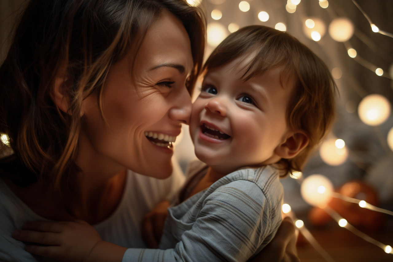A photo of a mother and her baby celebrating new year at home, happy new year image