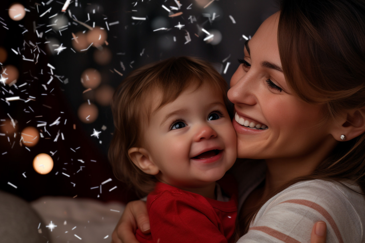 A photo of a mother and her baby celebrating new year at home, happy new year image