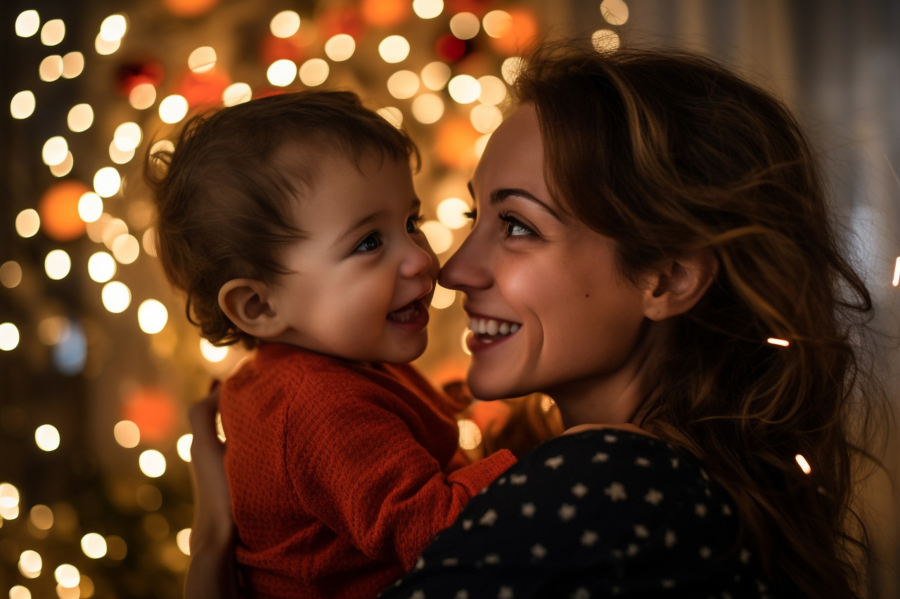 A photo of a mother and her baby celebrating new year at home, happy new year image