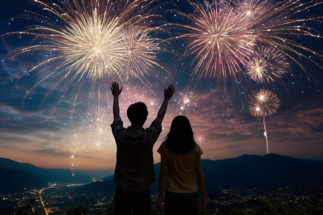 Men and women stand together to watch the beautiful fireworks and celebrate new year, happy new year image