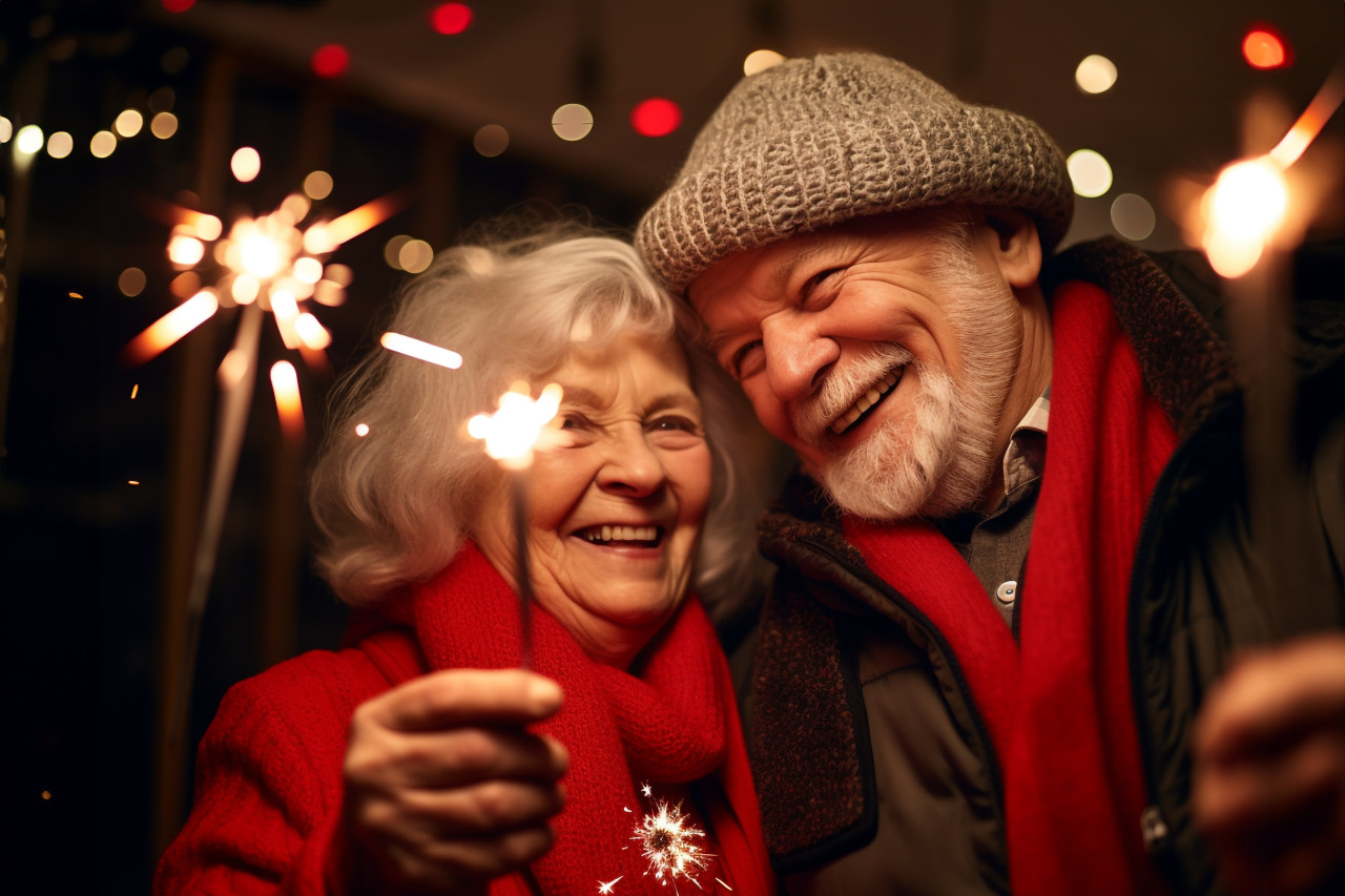 An elderly couple celebrating the new year with sparklers, happy new year image