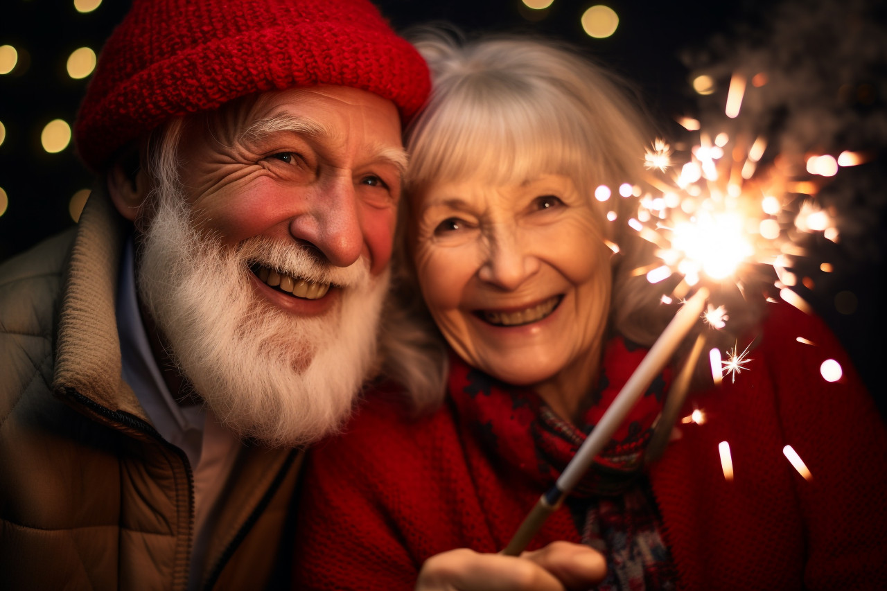 An elderly couple celebrating the new year with sparklers, happy new year image