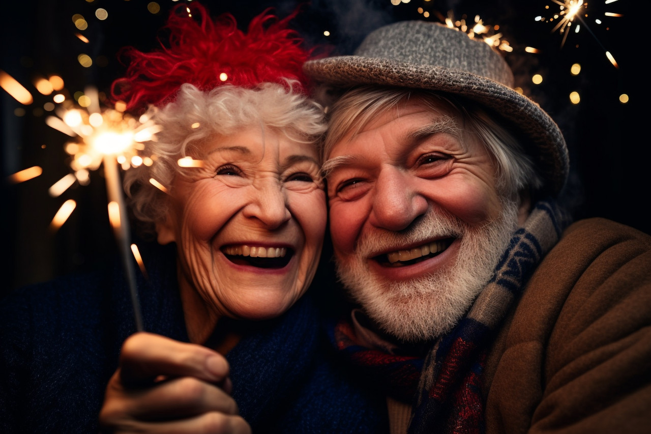 An elderly couple celebrating the new year with sparklers, happy new year image