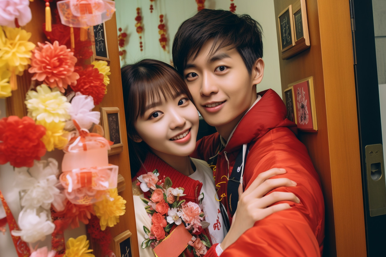 A photo of a young asian couple taking a selfie in front of their door, decorated with spring festival couplets, happy new year image