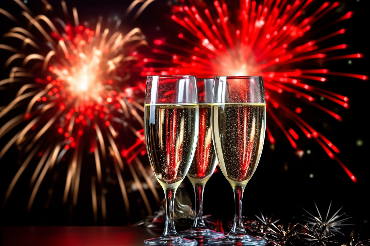 Celebrating the new year and christmas with sparkling glasses, happy new year image