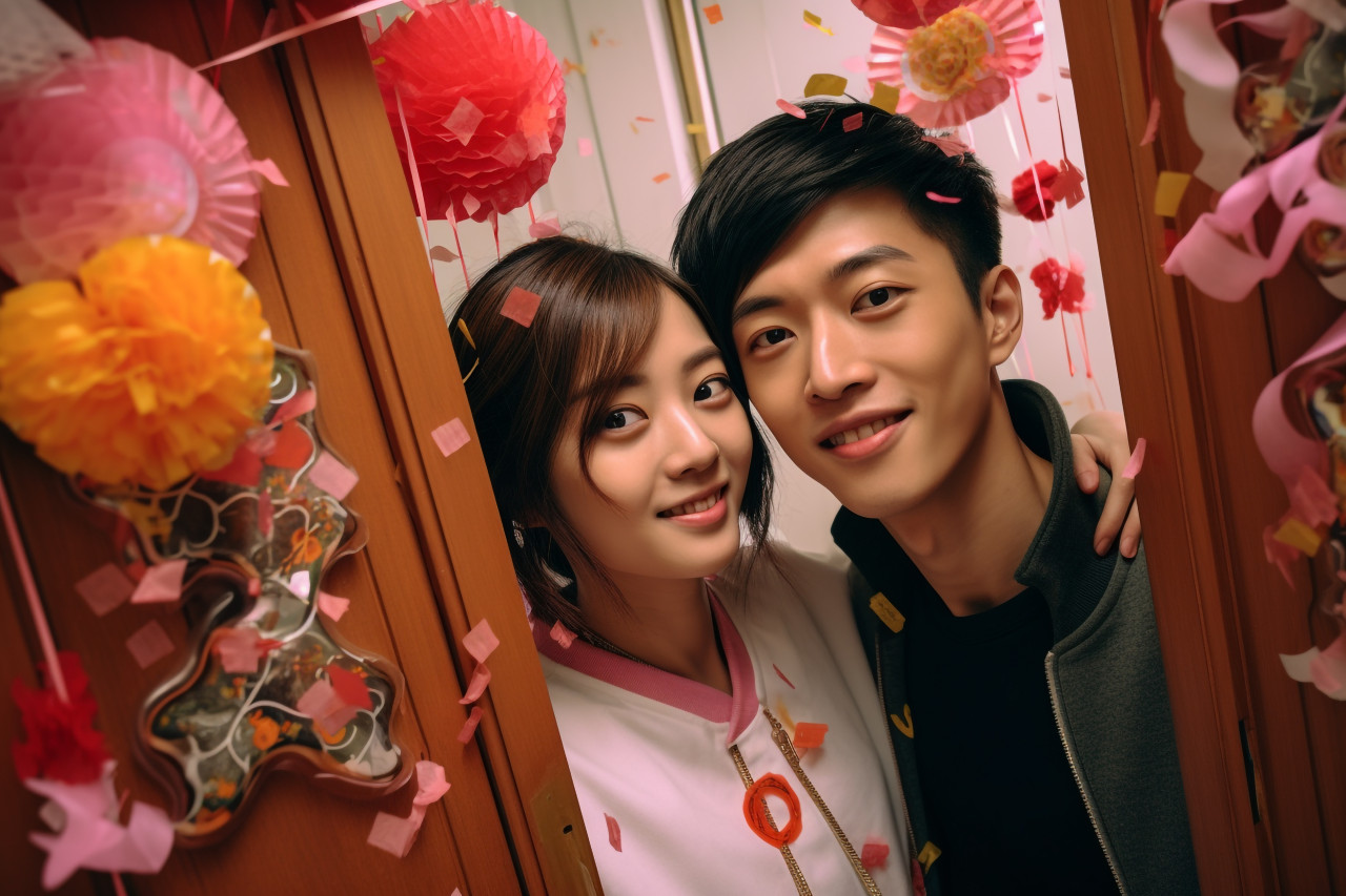 A photo of a young asian couple taking a selfie in front of their door, decorated with spring festival couplets, happy new year image