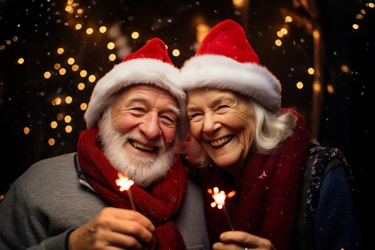 An elderly couple celebrating the new year with sparklers, happy new year image