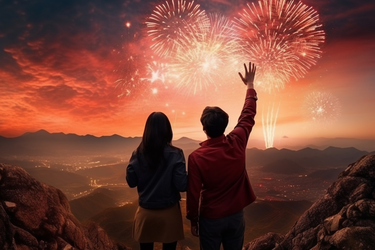 Men and women stand together to watch the beautiful fireworks and celebrate new year, happy new year image