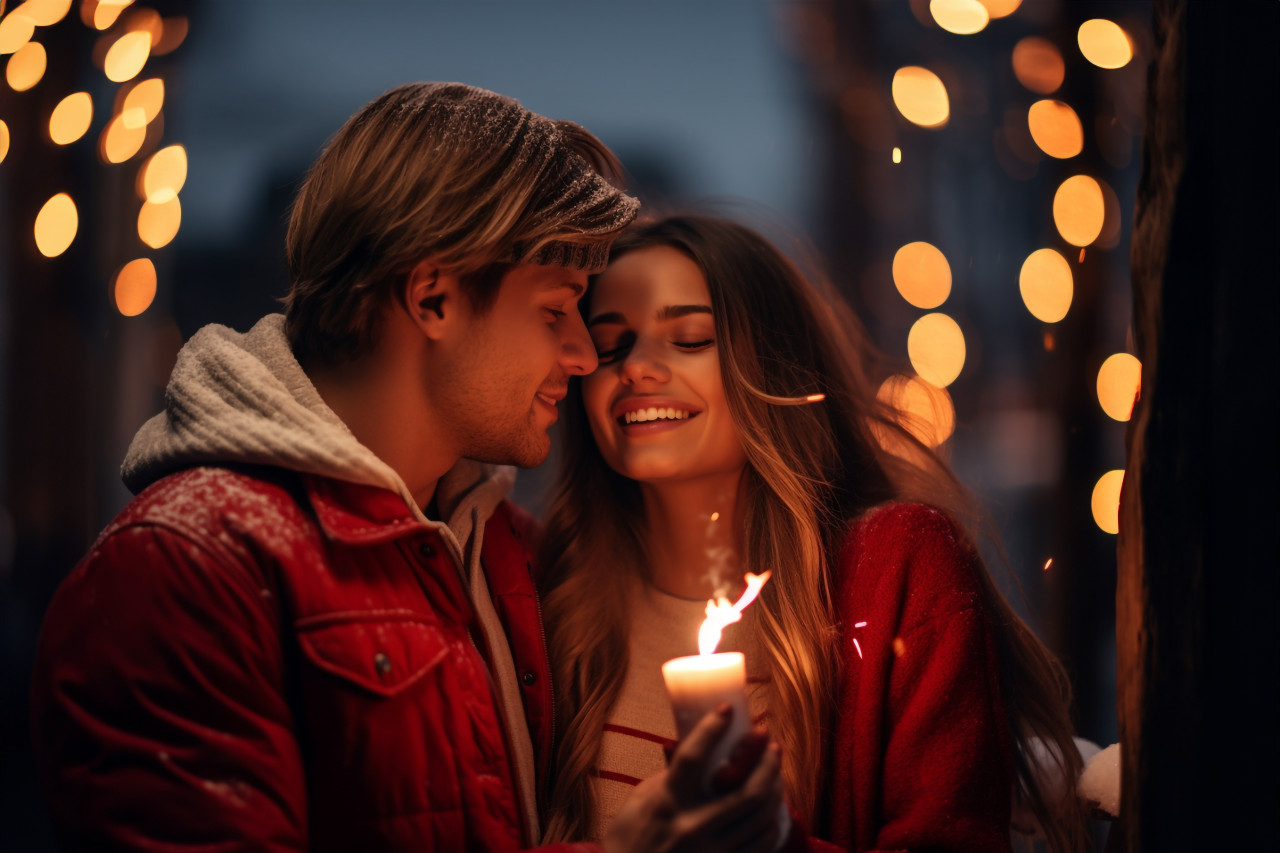 A photo of a young couple having fun outdoors in winter before christmas with sparklers, happy new year image