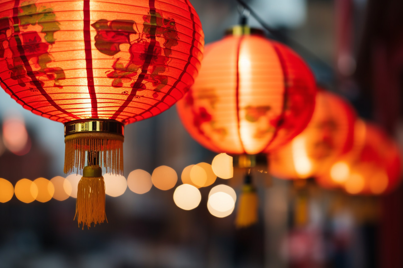 A photo of traditional chinese new year lanterns in chinatown, happy new year image