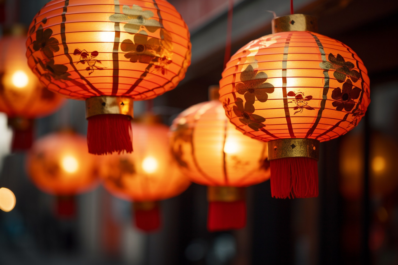 A photo of traditional chinese new year lanterns in chinatown, happy new year image