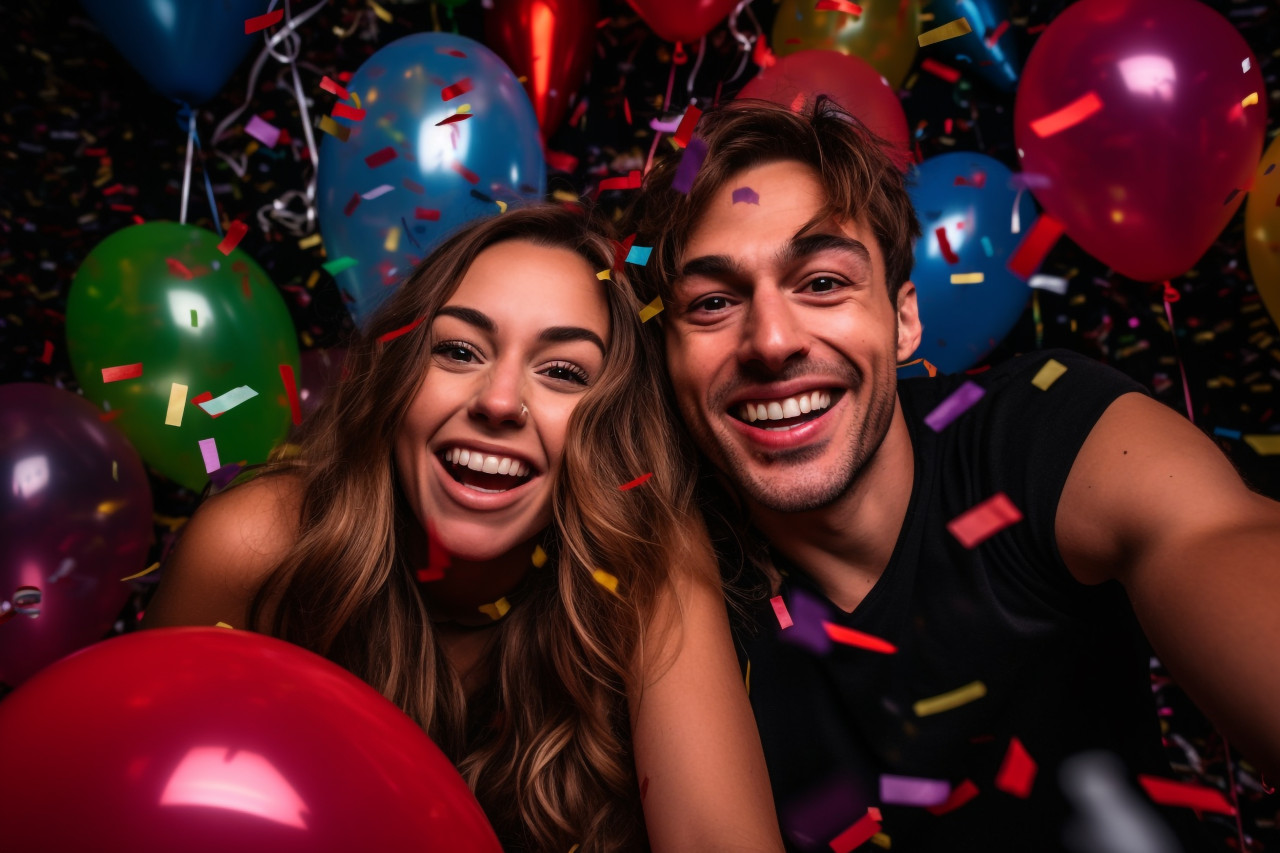 A picture of a happy couple celebrating new years with balloons and confetti, happy new year image