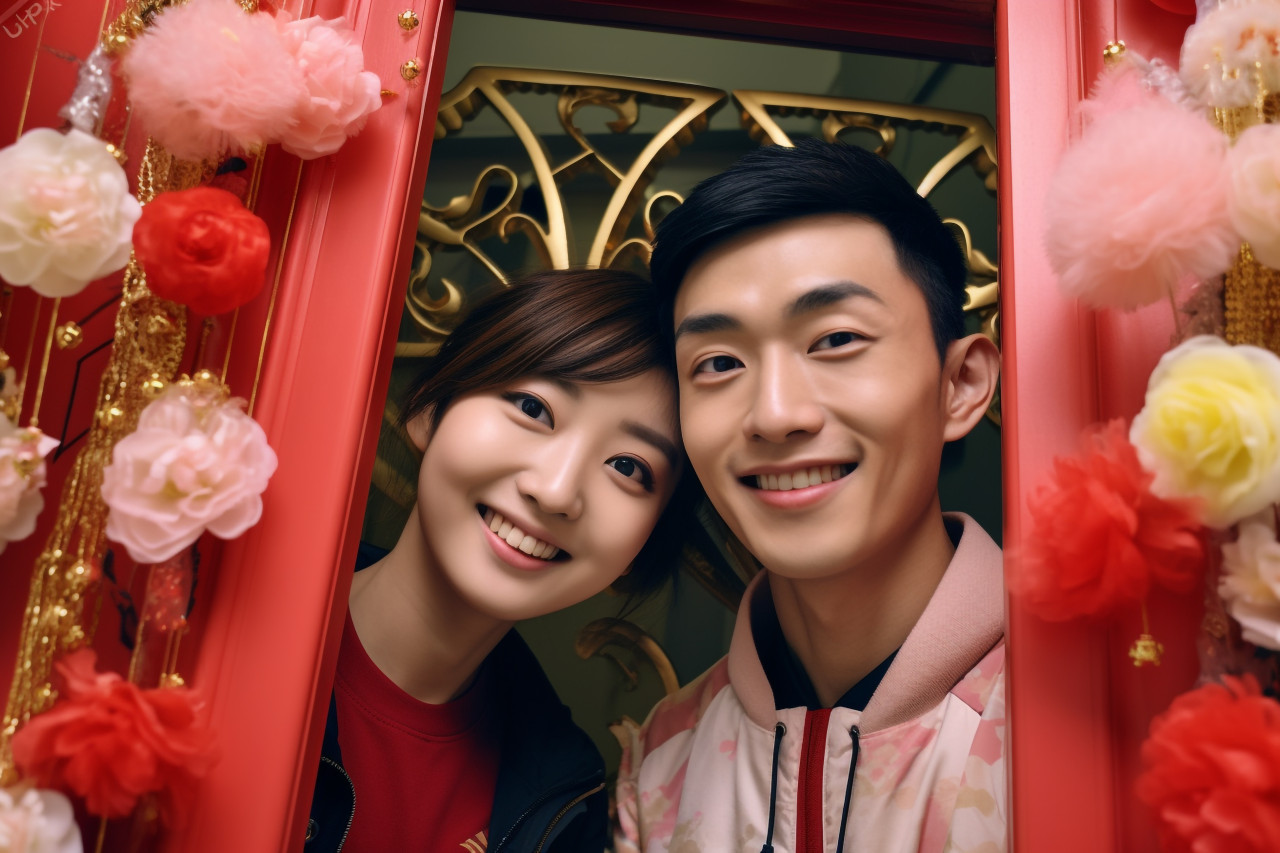 A photo of a young asian couple taking a selfie in front of their door, decorated with spring festival couplets, happy new year image
