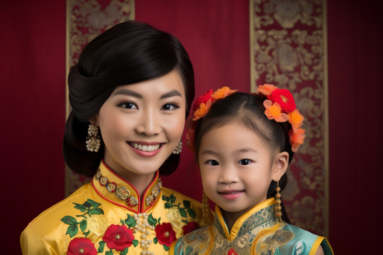 A photo of a smiling asian woman and her daughter in traditional chinese new year clothing, happy new year image