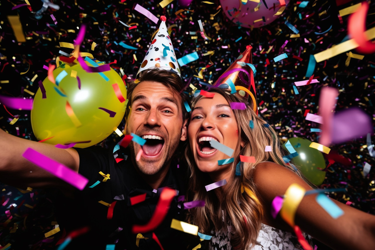 A picture of a happy couple celebrating new years with balloons and confetti, happy new year image