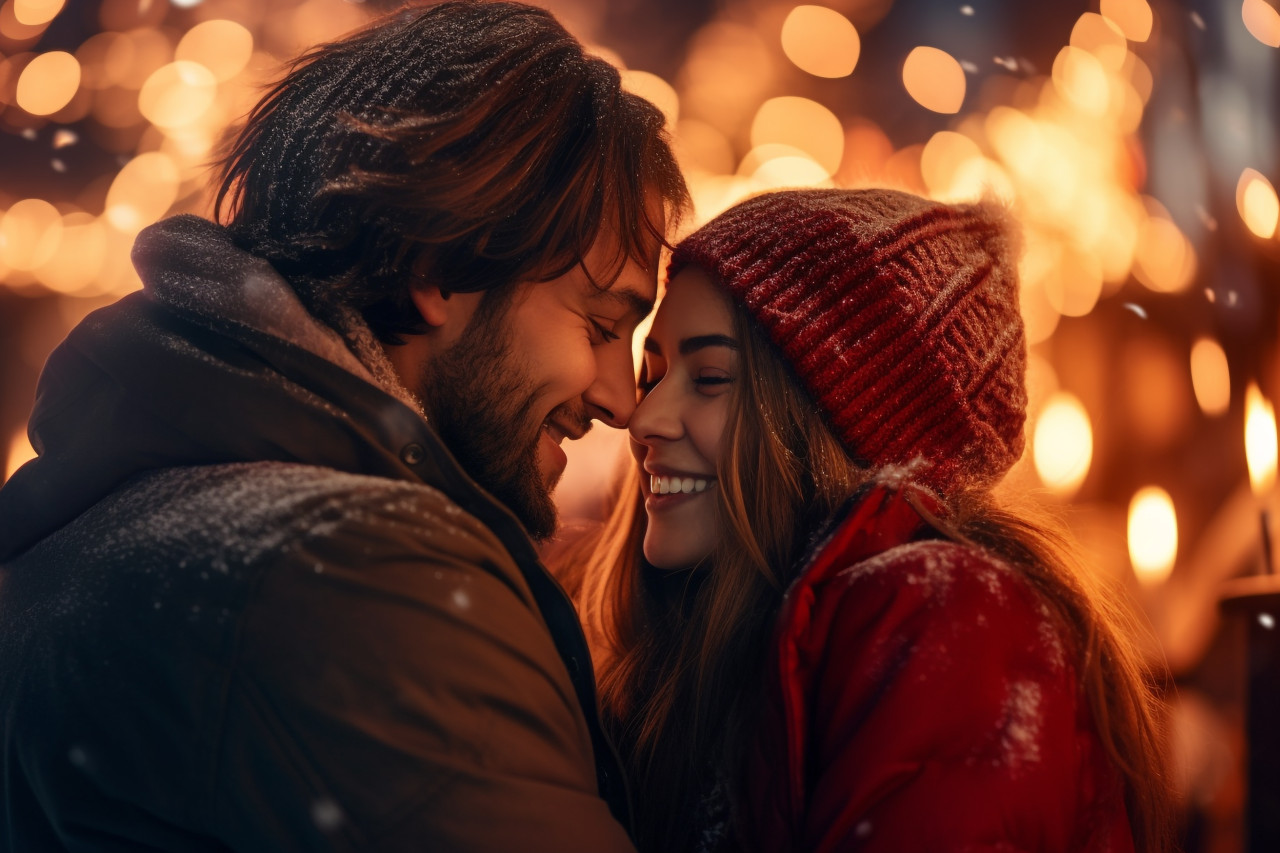 A photo of a young couple having fun outdoors in winter before christmas with sparklers, happy new year image